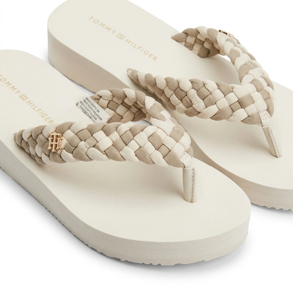 Tommy Hilfiger Women Braided Strap Platform Flip Flops - Ecru Multi