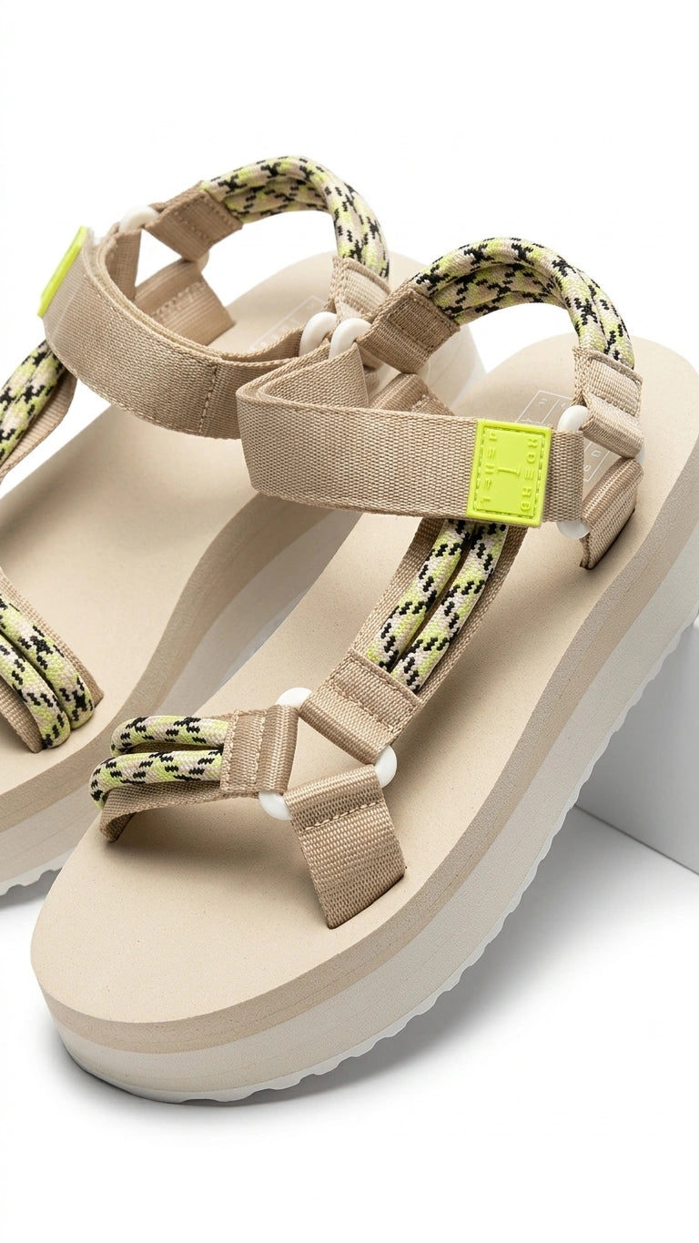 Tommy Hilfiger Women's Platform Rope Strap Sandals - Beige with Neon Yellow