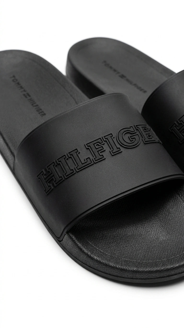 Tommy Hilfiger Men Logo Embossed Pool Slides - Black
