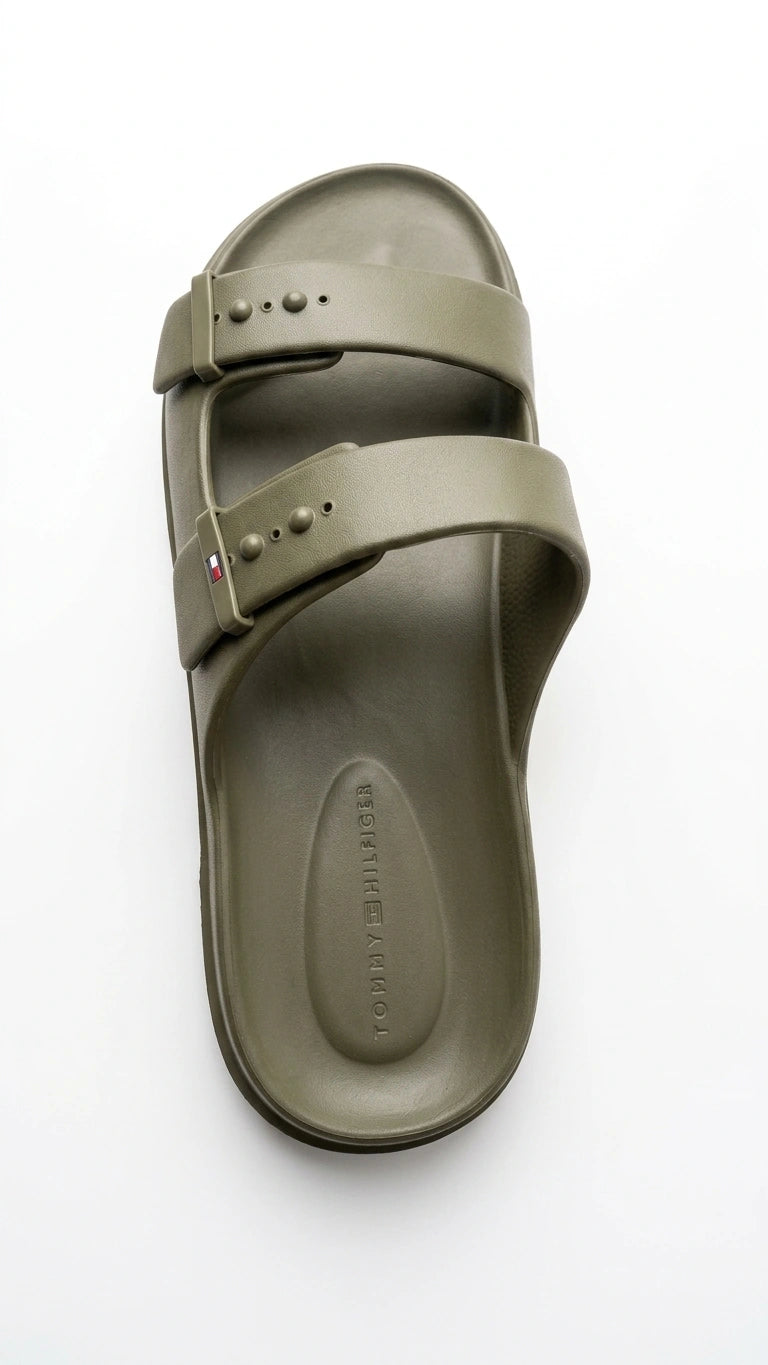 Tommy Hilfiger Comfort Double Strap Slides - Olive Green