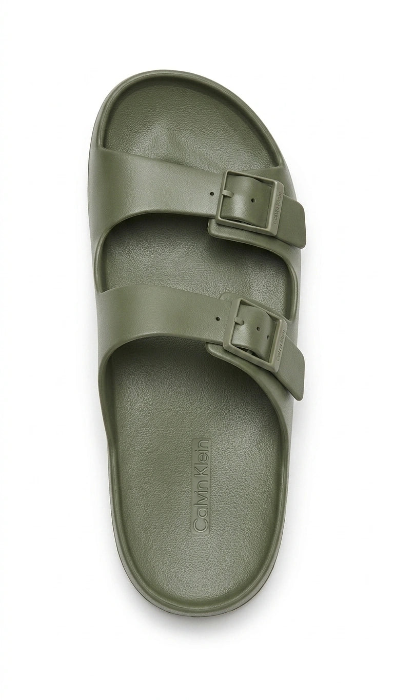 Calvin Klein Men's Two-Strap Buckle Slides - Olive Green