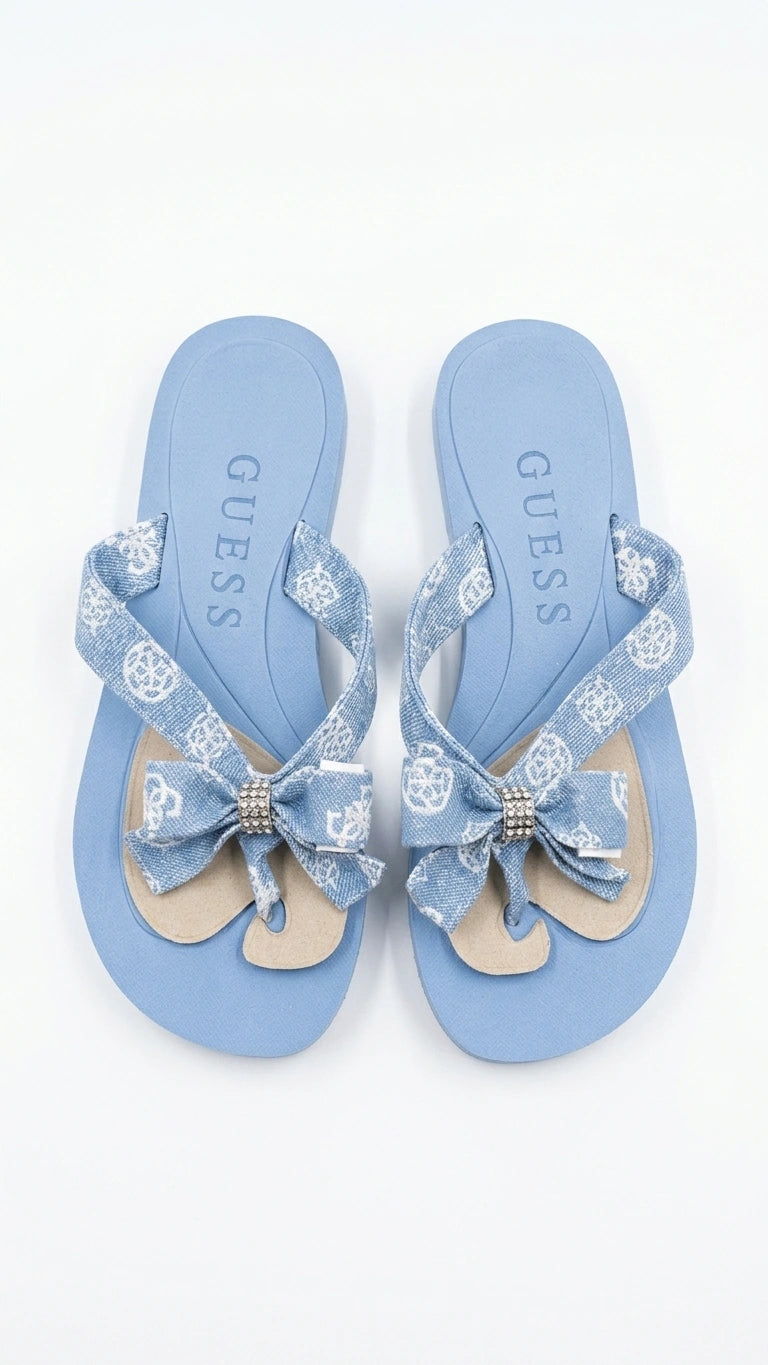 Guess Women's Monogram Denim Bow Flip Flops - Light Blue