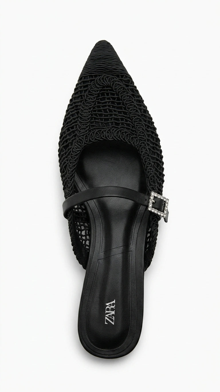 ZARA Woven Pointed Toe Mules - Black