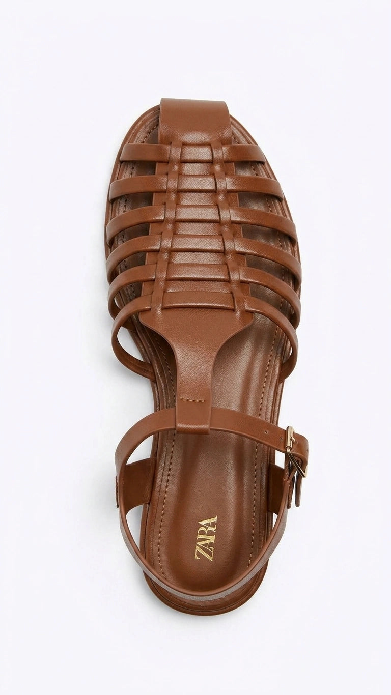 ZARA Women Woven Caged Flat Sandals - Brown