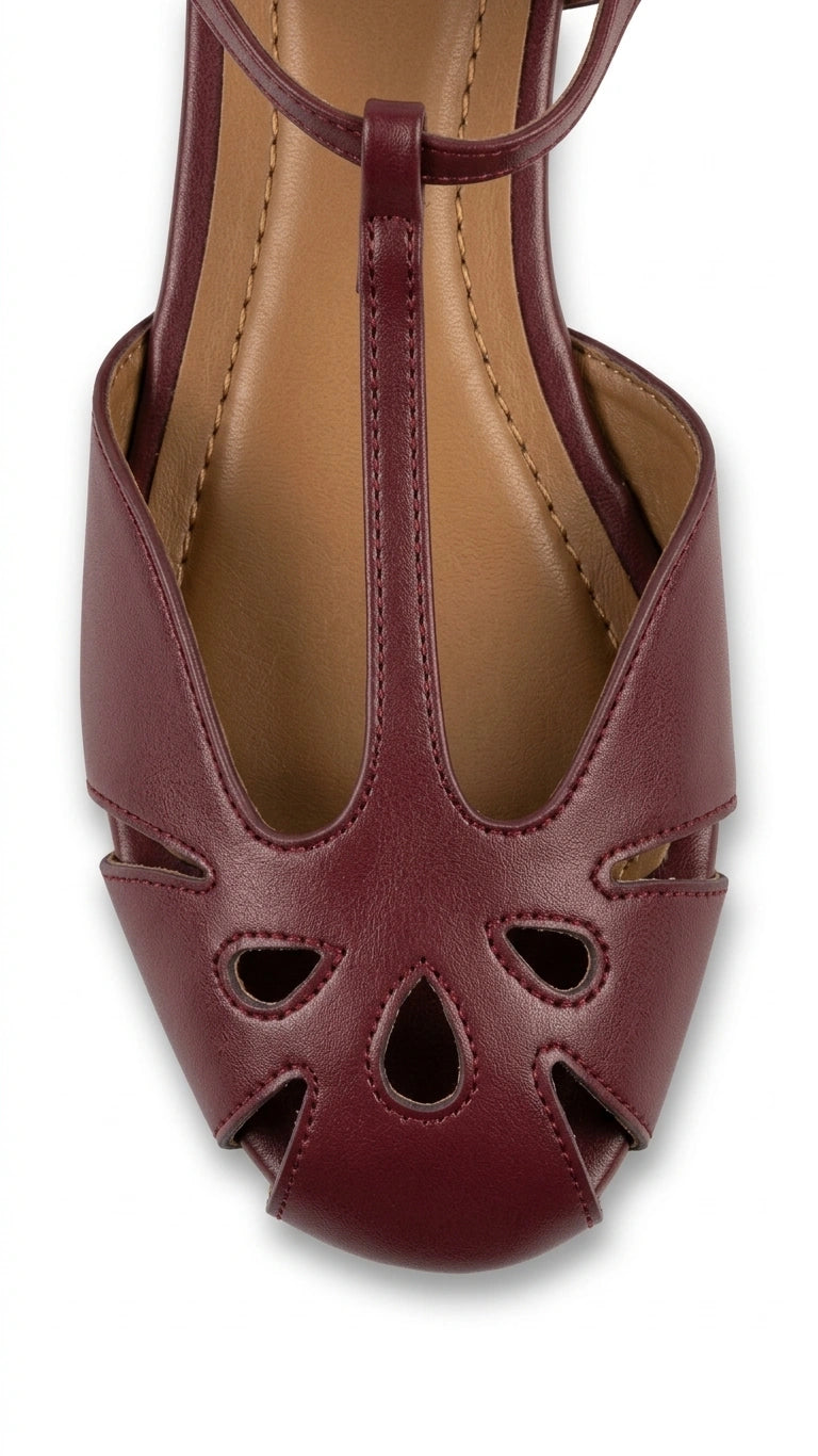 ZARA Women's Cut-Out T-Strap Flat Sandals - Burgundy