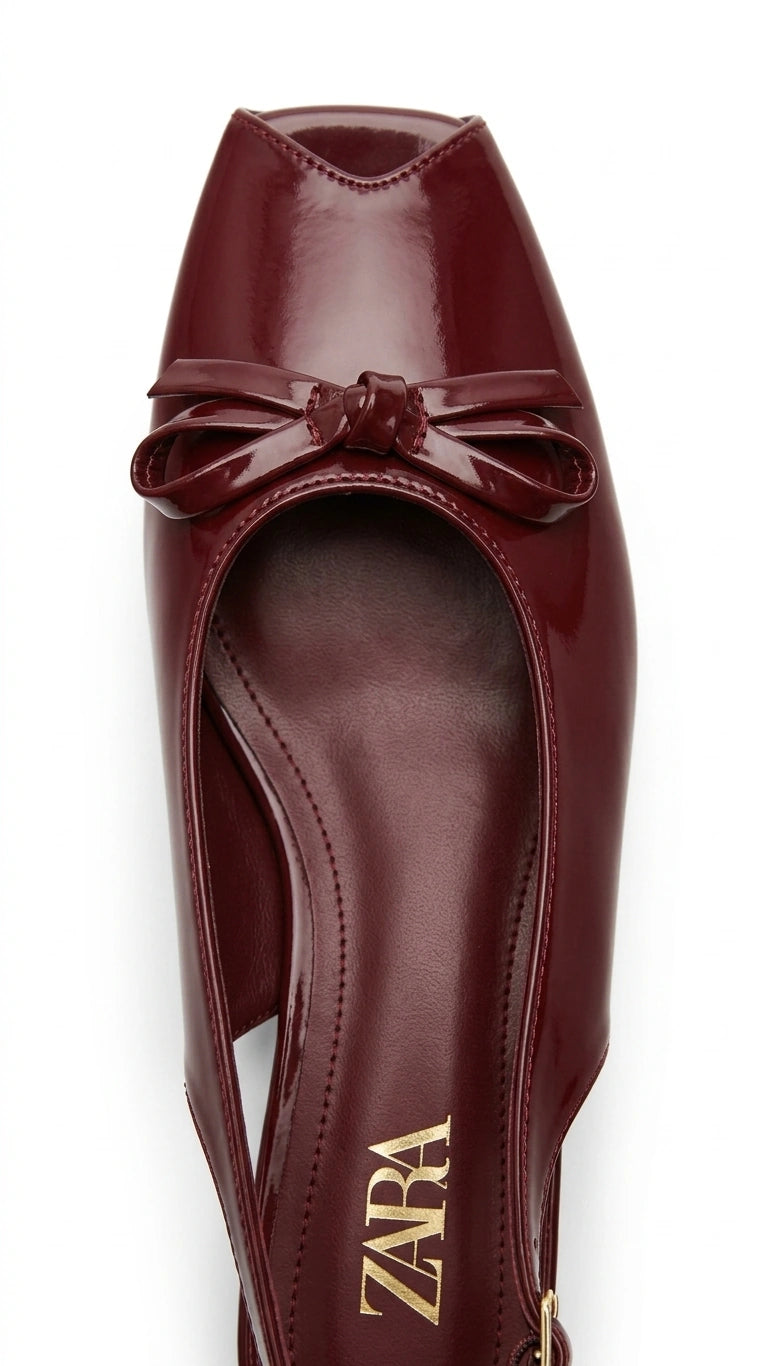 ZARA Women's Patent Peep-Toe Slingback Flats with Bow - Burgundy