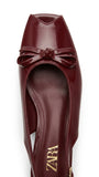ZARA Women's Patent Peep-Toe Slingback Flats with Bow - Burgundy