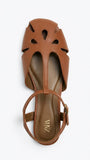 ZARA Women's T-Bar Cut-Out Flat Sandals - Brown