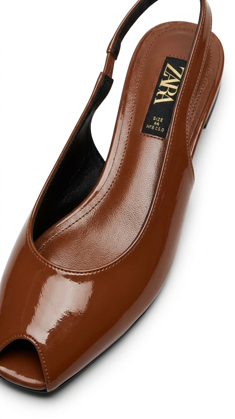 ZARA Patent Finish Peep Toe Slingback Heels - Brown