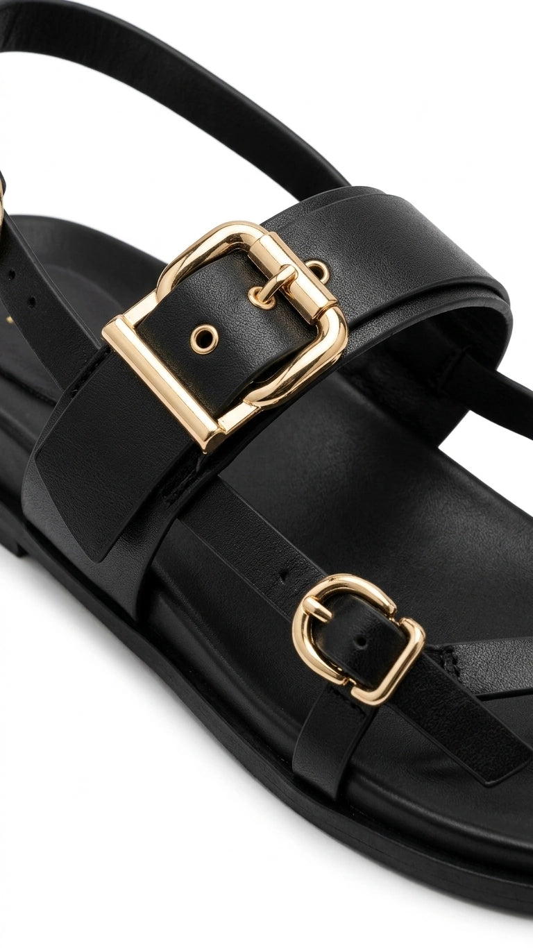 ZARA Women's Buckle Detail Thong Ankle Strap Sandals - Black