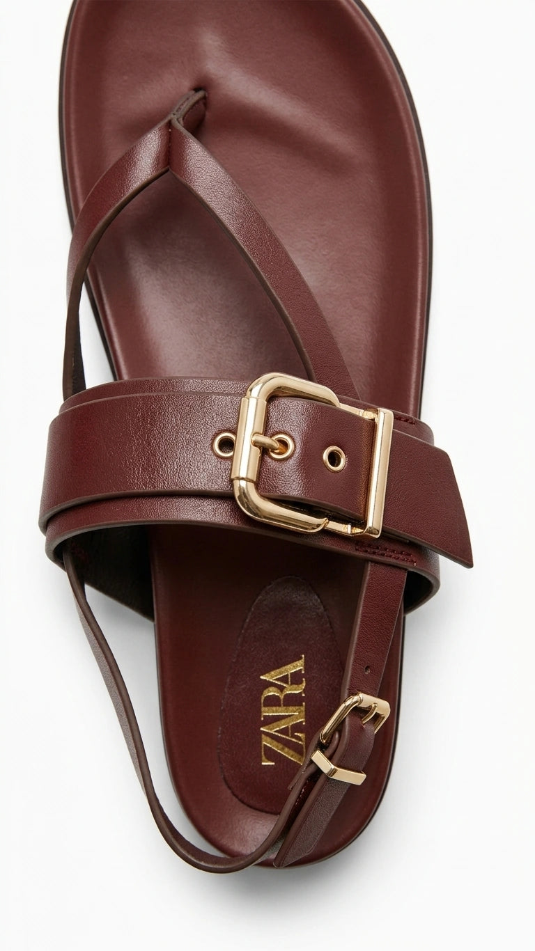 ZARA Buckle Detail Thong Slingback Sandals - Burgundy