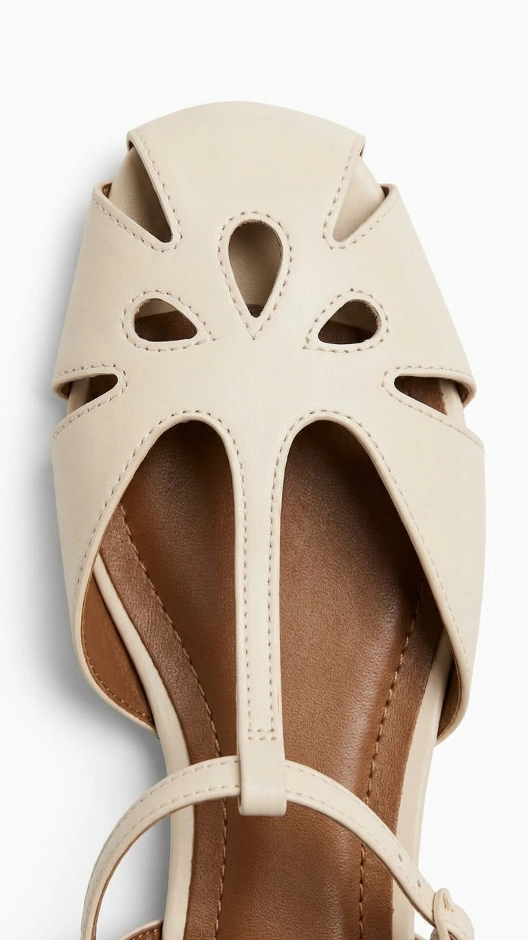 ZARA Women Cut-Out T-Bar Flat Sandals - Cream