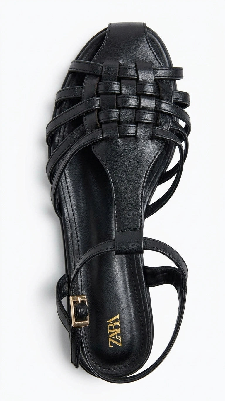ZARA Women's Woven T-Strap Flat Sandals - Black