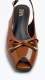 ZARA Women's Patent Peep-Toe Bow Mules - Caramel Brown