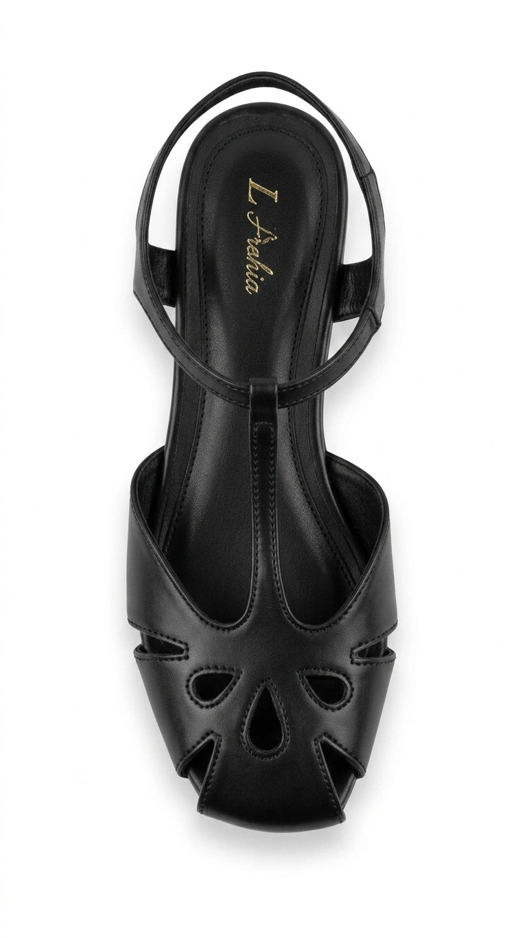 ZARA Women's T-Strap Cutout Low Heel Sandals - Black
