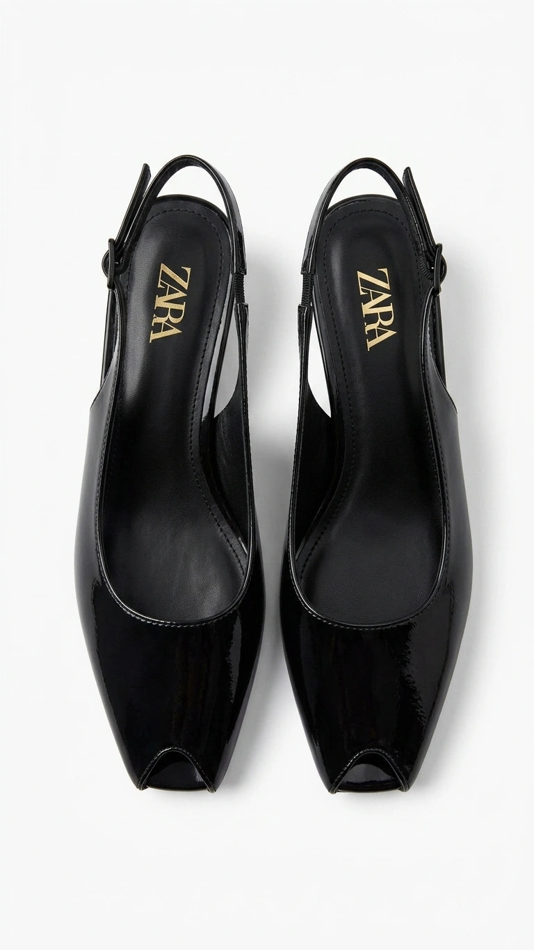 ZARA Women's Patent Finish Square Toe Slingback Kitten Heels - Black