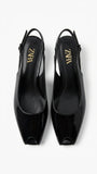 ZARA Women's Patent Finish Square Toe Slingback Kitten Heels - Black