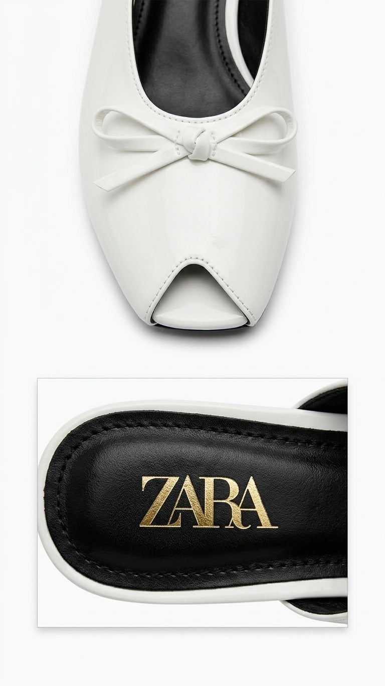 ZARA Women's Patent Peep-Toe Slingback Flats with Bow - White