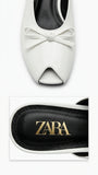 ZARA Women's Patent Peep-Toe Slingback Flats with Bow - White