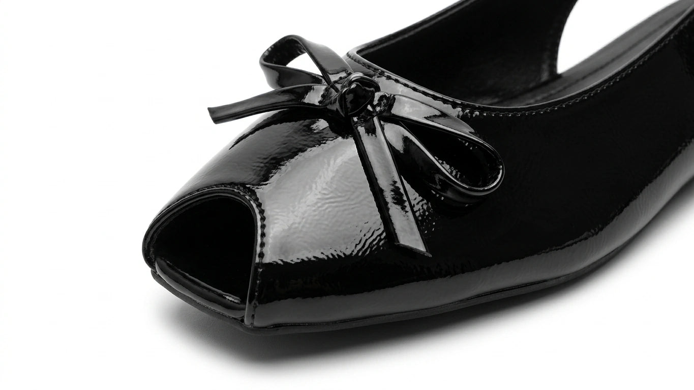 ZARA Women's Patent Peep-Toe Slingback Flats with Bow - Black