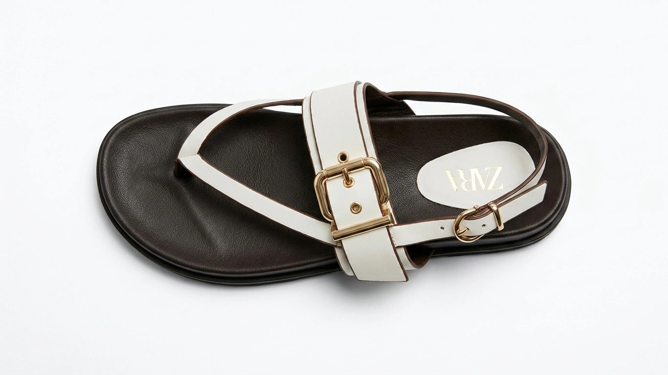 ZARA Buckled Thong Strap Sandals - White/Black