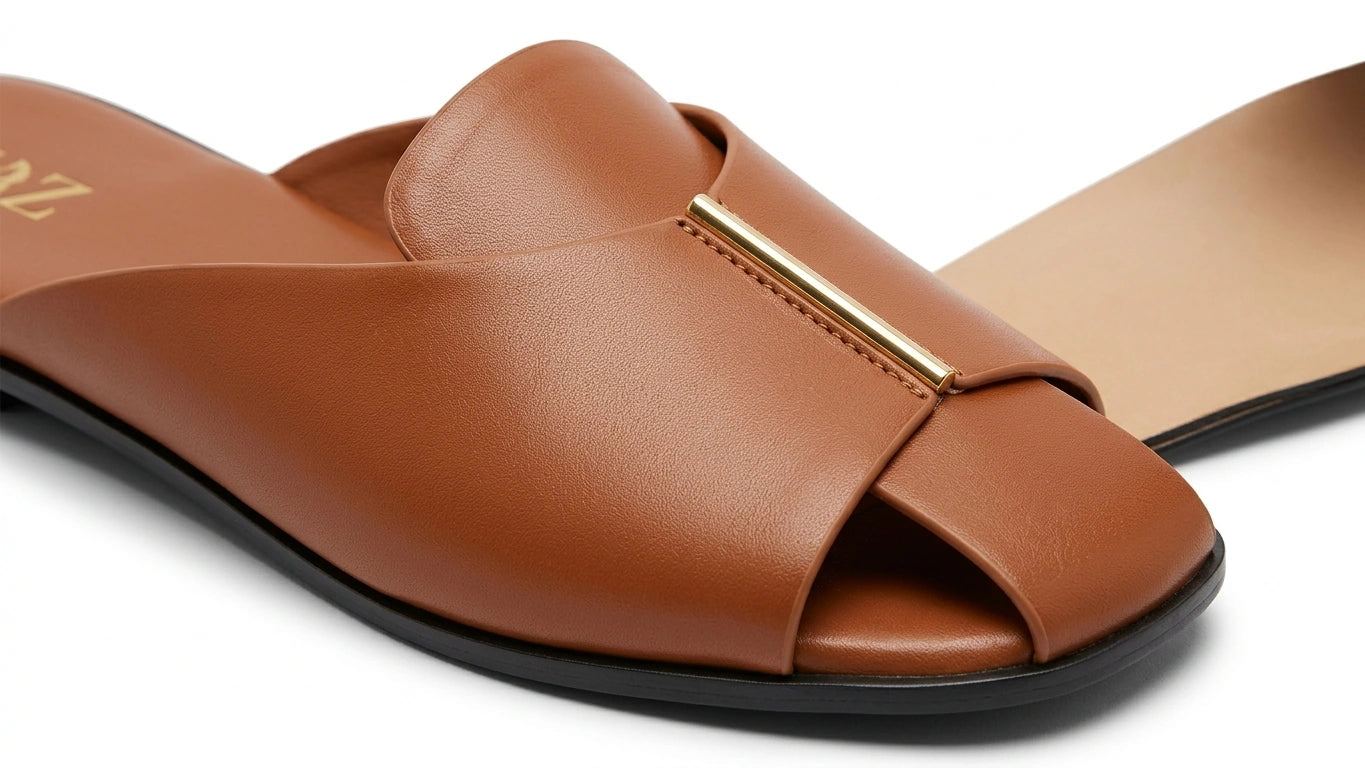 ZARA Tan Open Toe Mules with Metallic Bar
