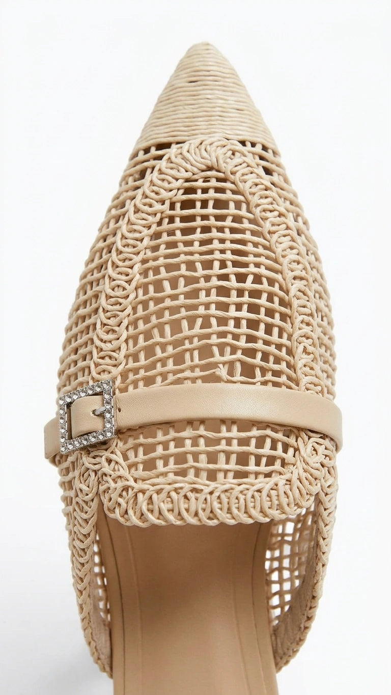 ZARA Woven Pointed Toe Mules with Rhinestone Buckle - Natural Beige