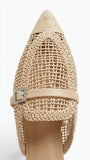 ZARA Woven Pointed Toe Mules with Rhinestone Buckle - Natural Beige