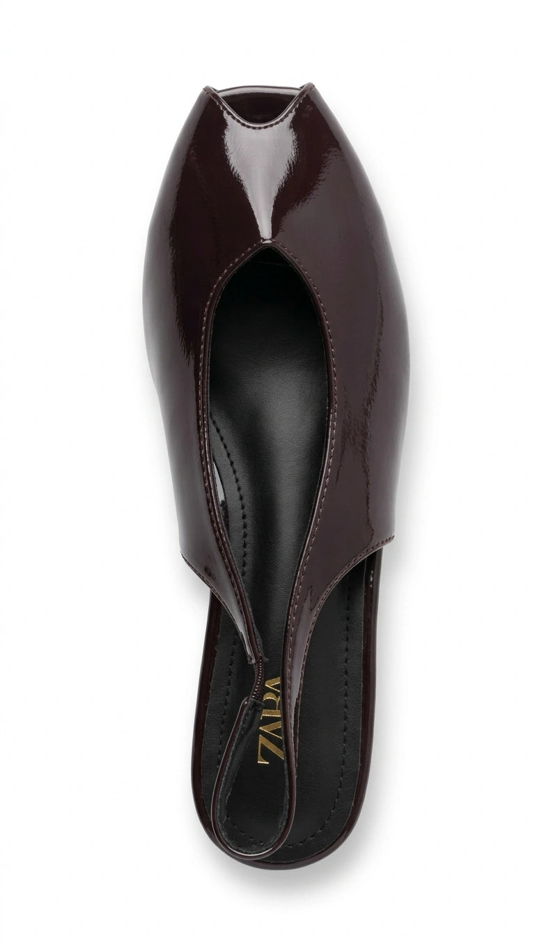 ZARA Women Patent Peep Toe Slingback Flats - Burgundy