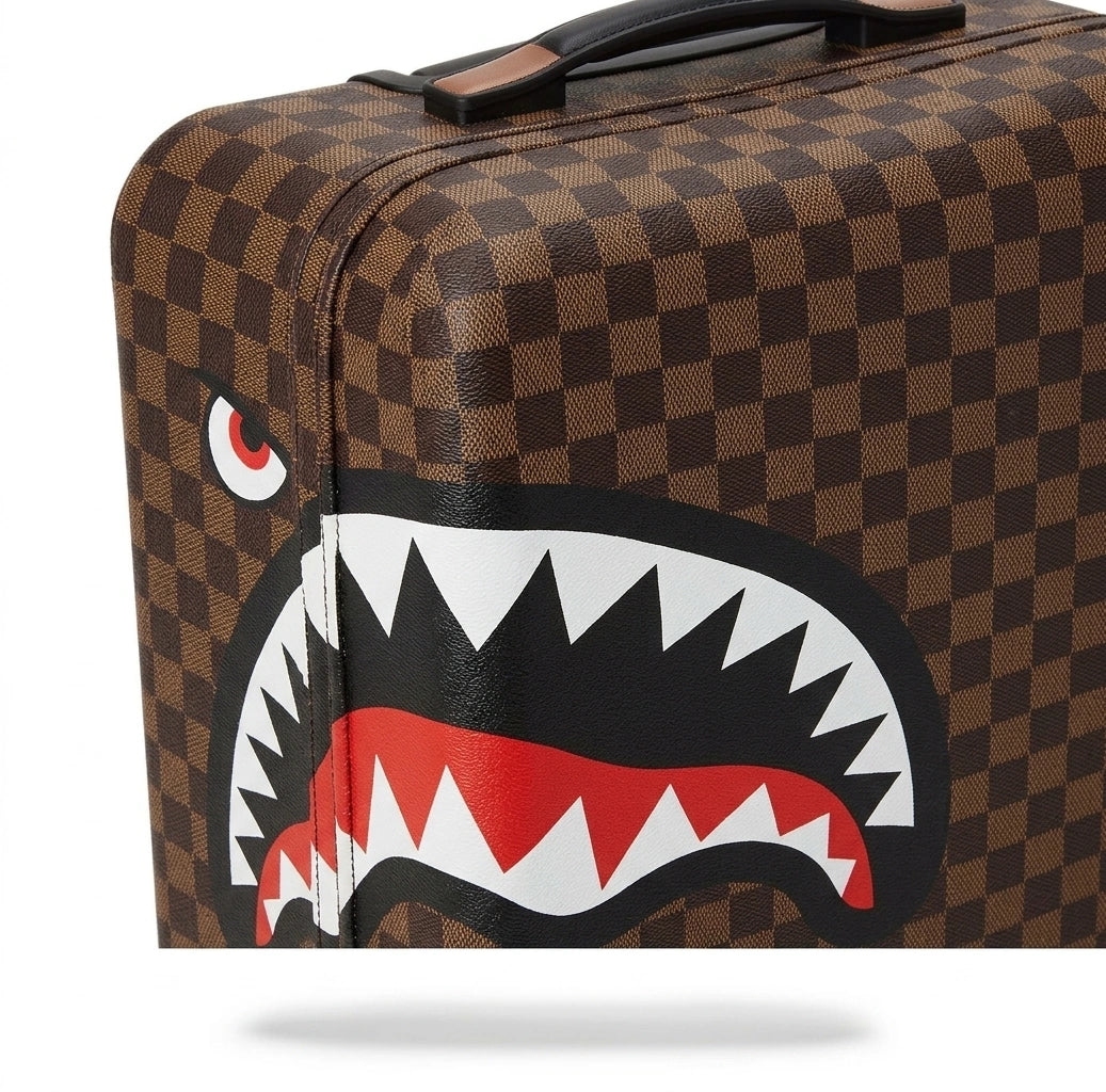 Sprayground Damier Ebene Shark Mouth Rolling Carry-On Suitcase - Brown