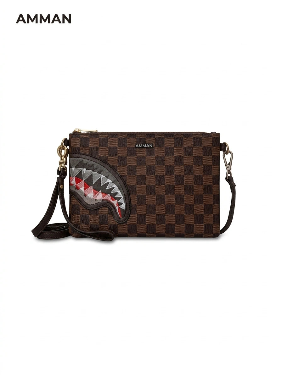 Sprayground Shark Checkered Clutch Bag - Brown