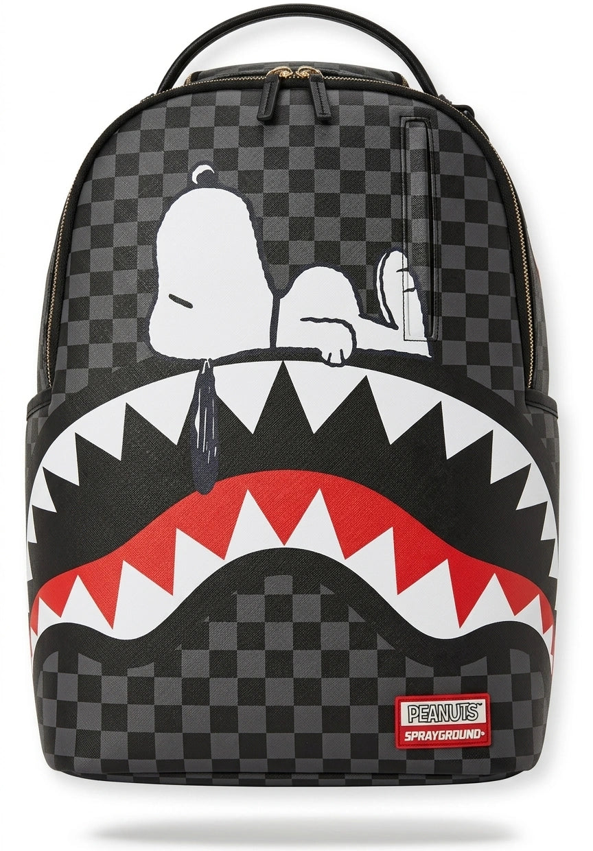 Sprayground Peanuts Snoopy Shark Checkered Backpack - Black Grey