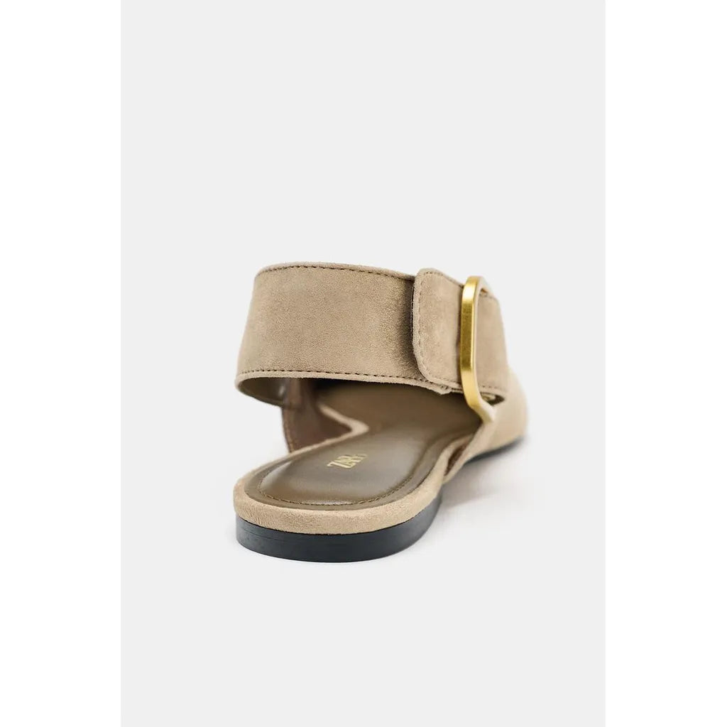 ZARA Split Suede Slingback Shoes With Buckle - Beige