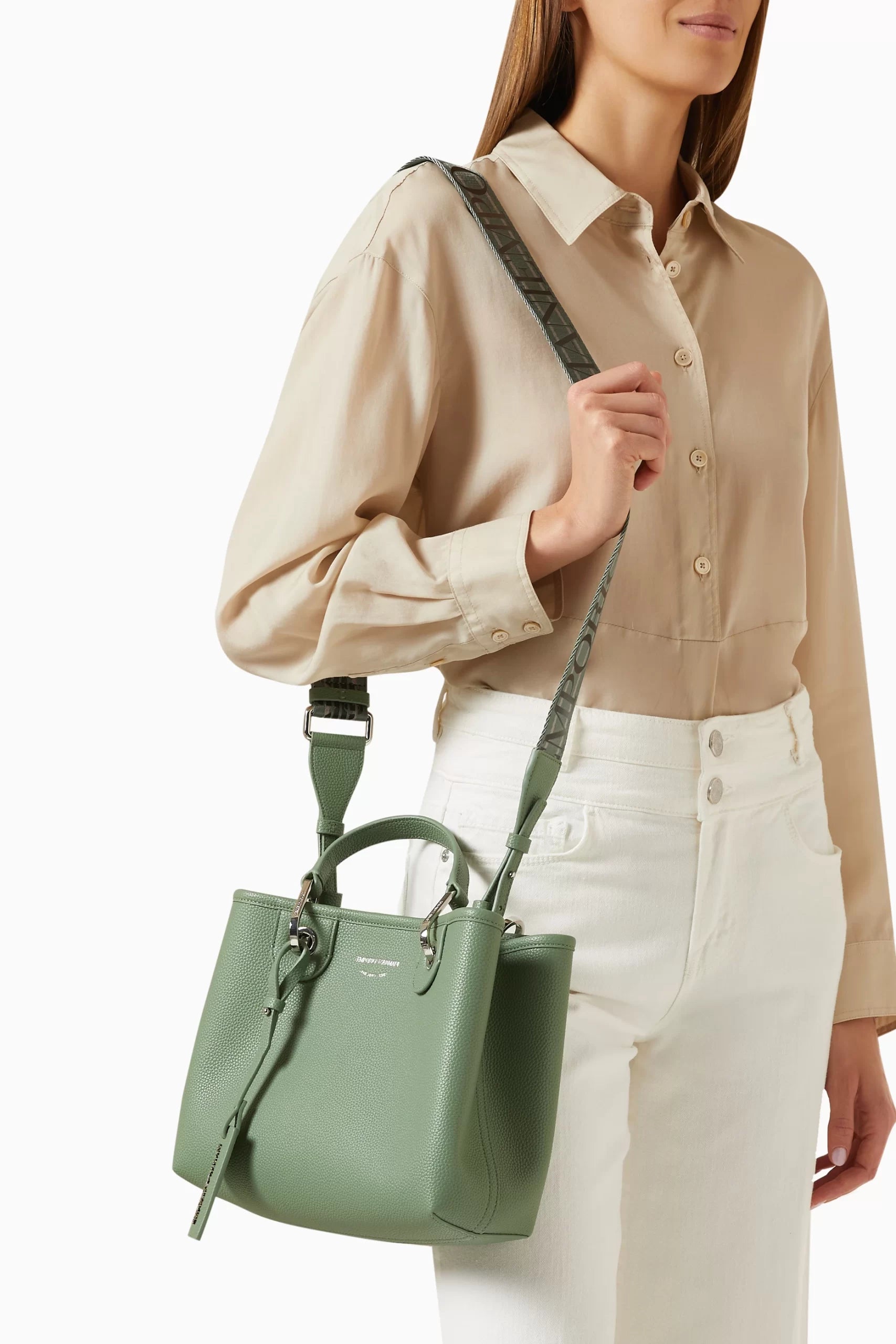 Emporio Armani Medium logo embossed faux leather handbag-GREEN