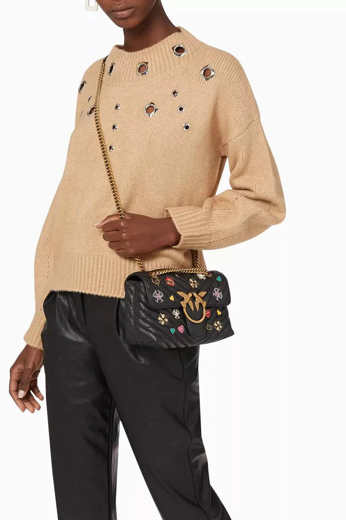 Pinko Mini Love Brooches Quilted Bag in Leather