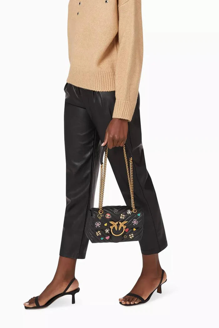 Pinko Mini Love Brooches Quilted Bag in Leather