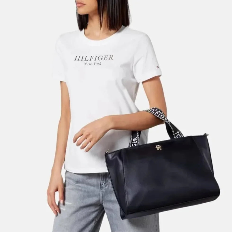 Tommy Hilfiger leather SPACIOUS LOGO STRAP TOTE-Navy