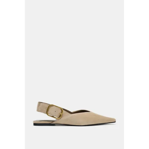 ZARA Split Suede Slingback Shoes With Buckle - Beige